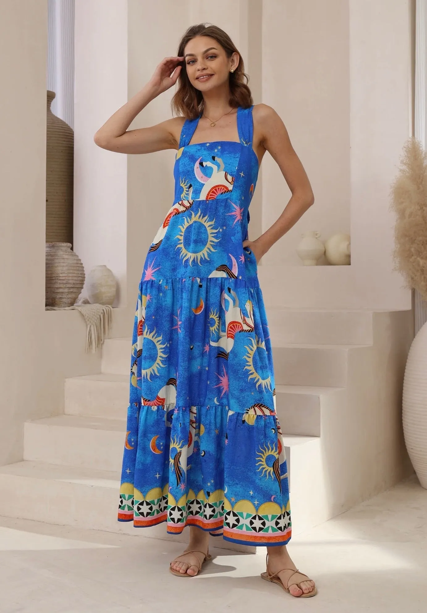 Celeste Cosmic Dreams Tie-Back Maxi Dress-Blue