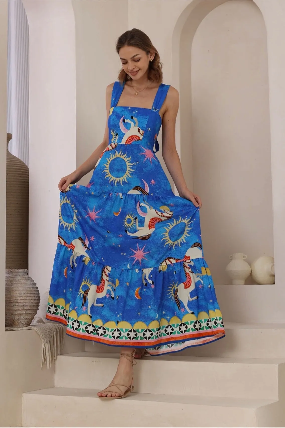 Celeste Cosmic Dreams Tie-Back Maxi Dress-Blue