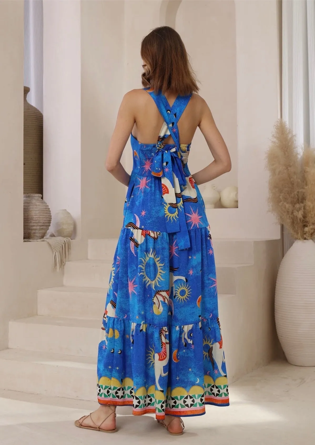 Celeste Cosmic Dreams Tie-Back Maxi Dress-Blue