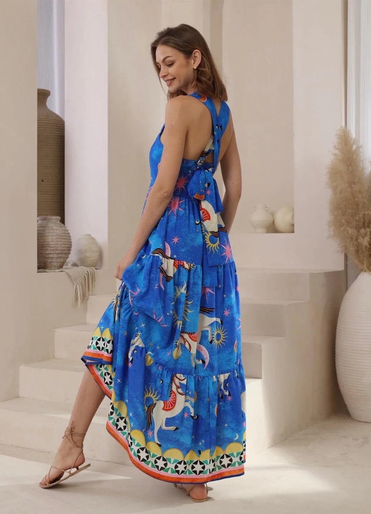 Celeste Cosmic Dreams Tie-Back Maxi Dress-Blue