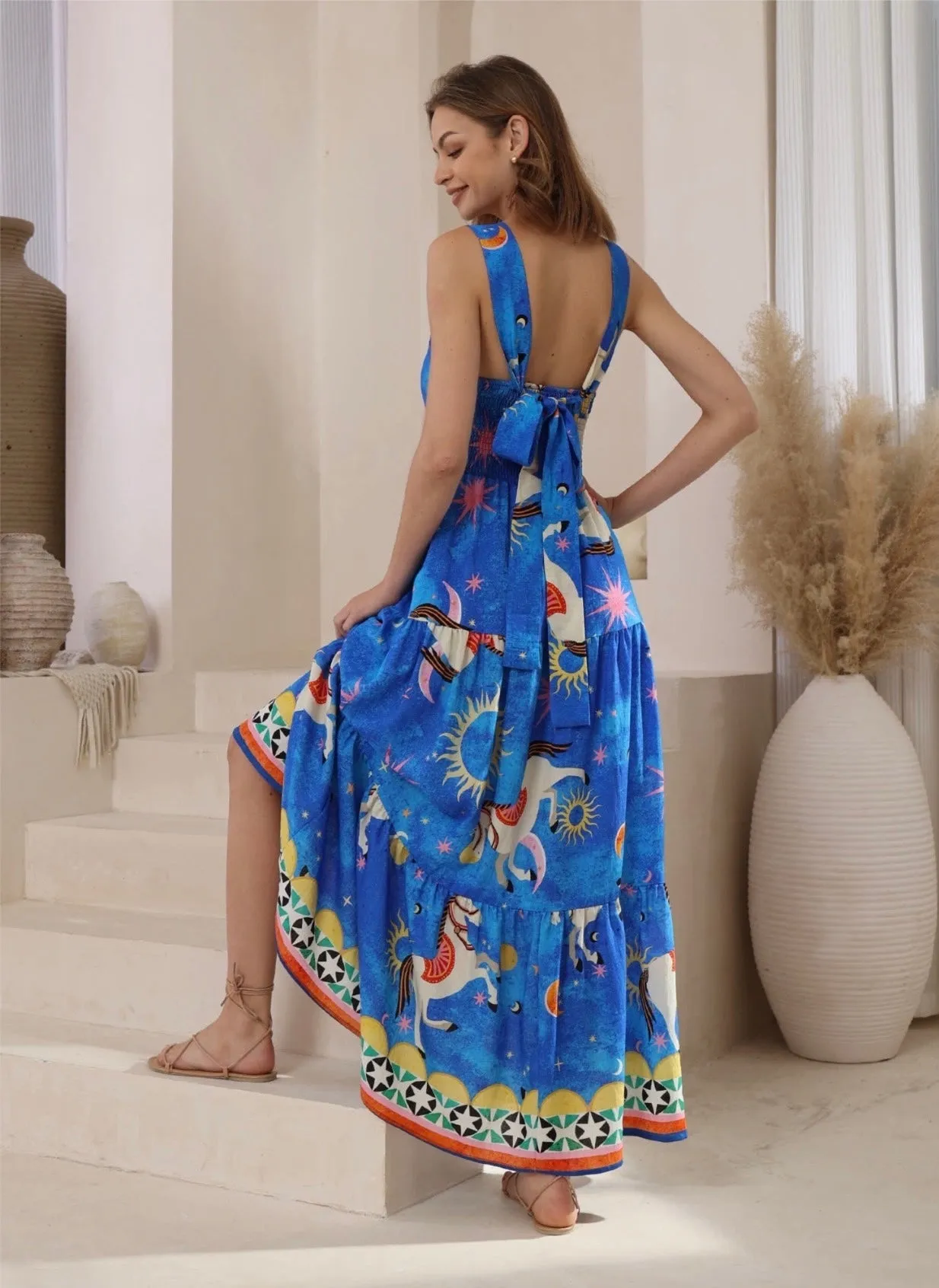 Celeste Cosmic Dreams Tie-Back Maxi Dress-Blue