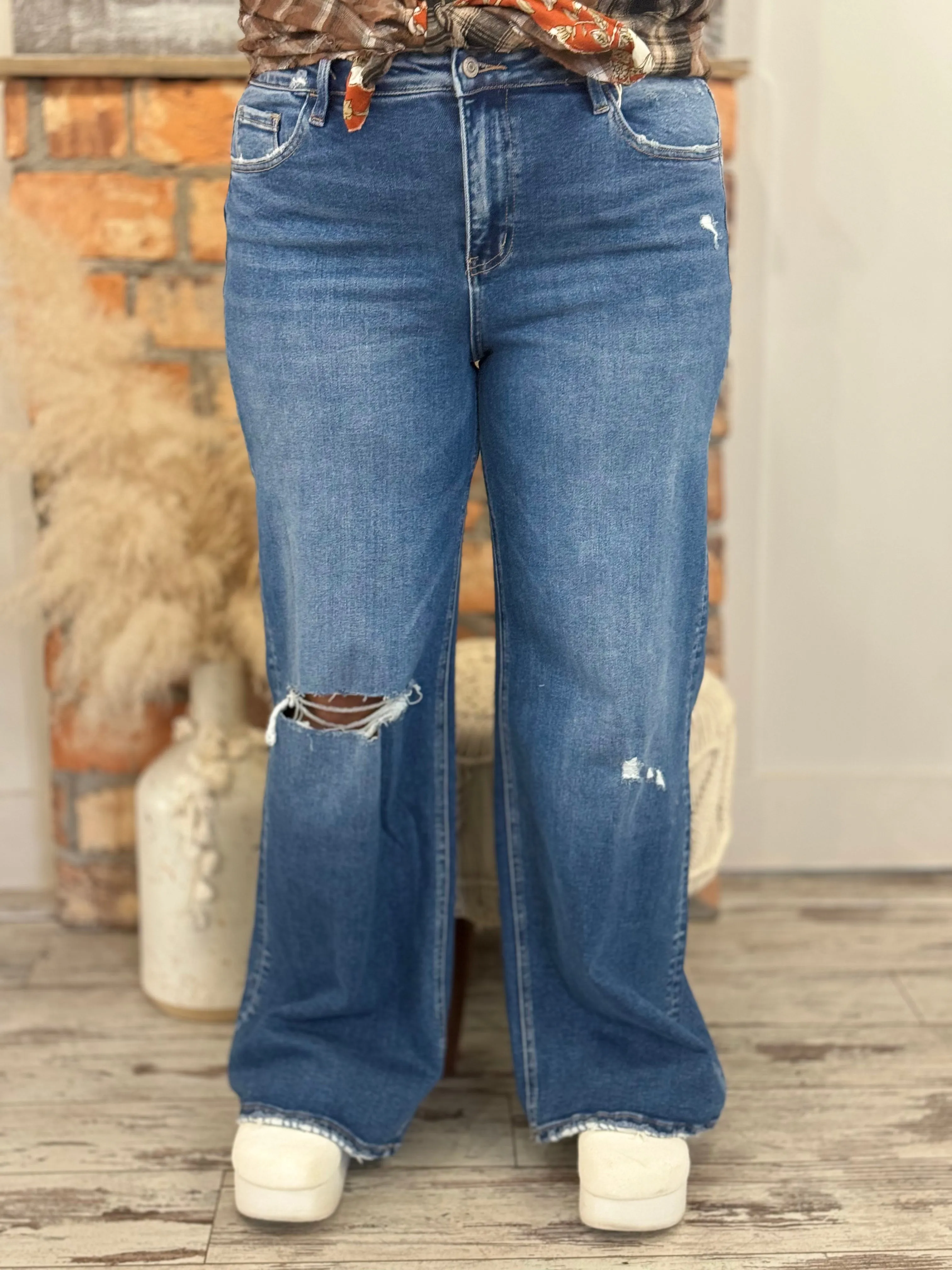 Distressed High Rise Wide Leg Jeans