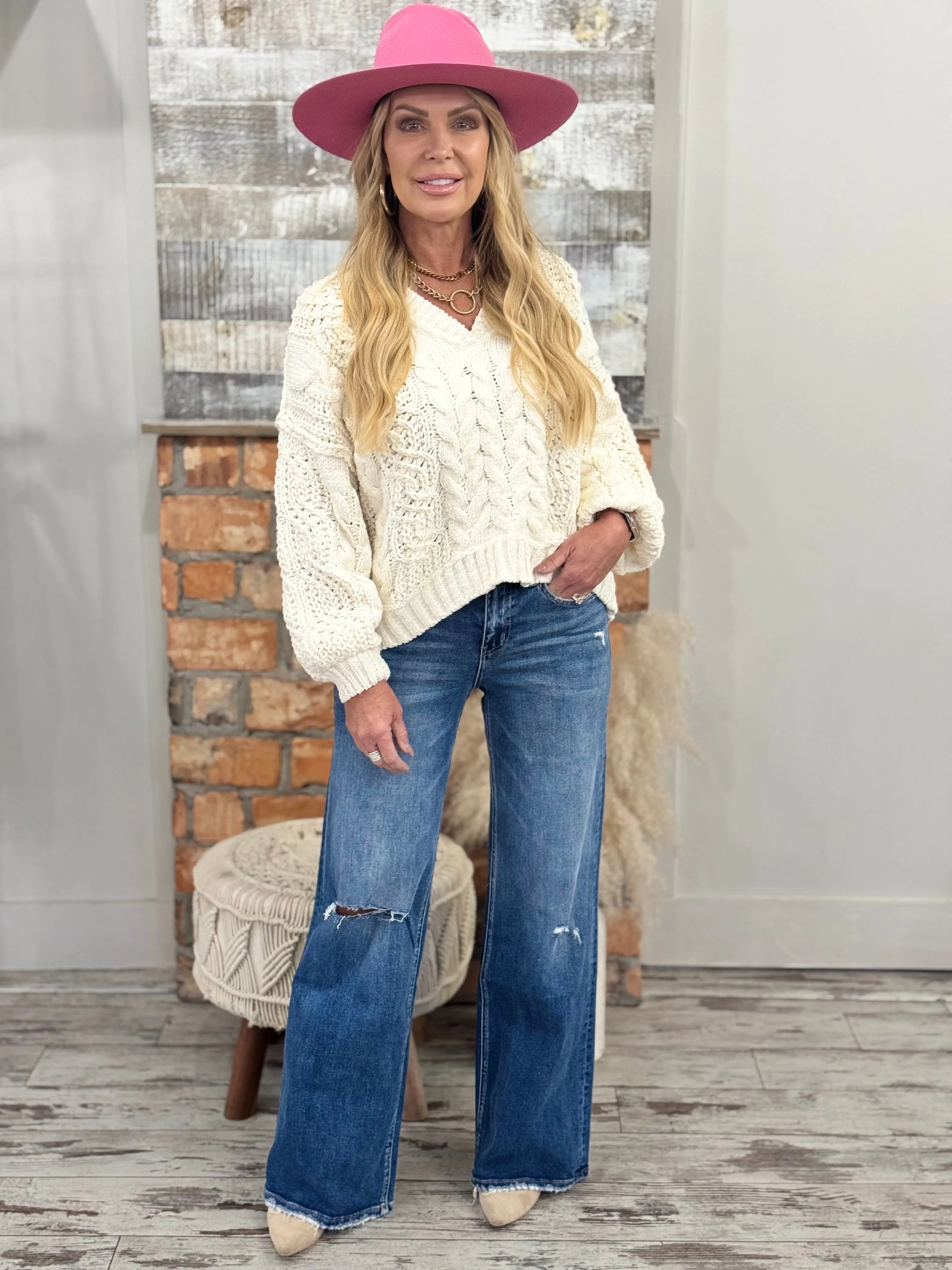 Distressed High Rise Wide Leg Jeans