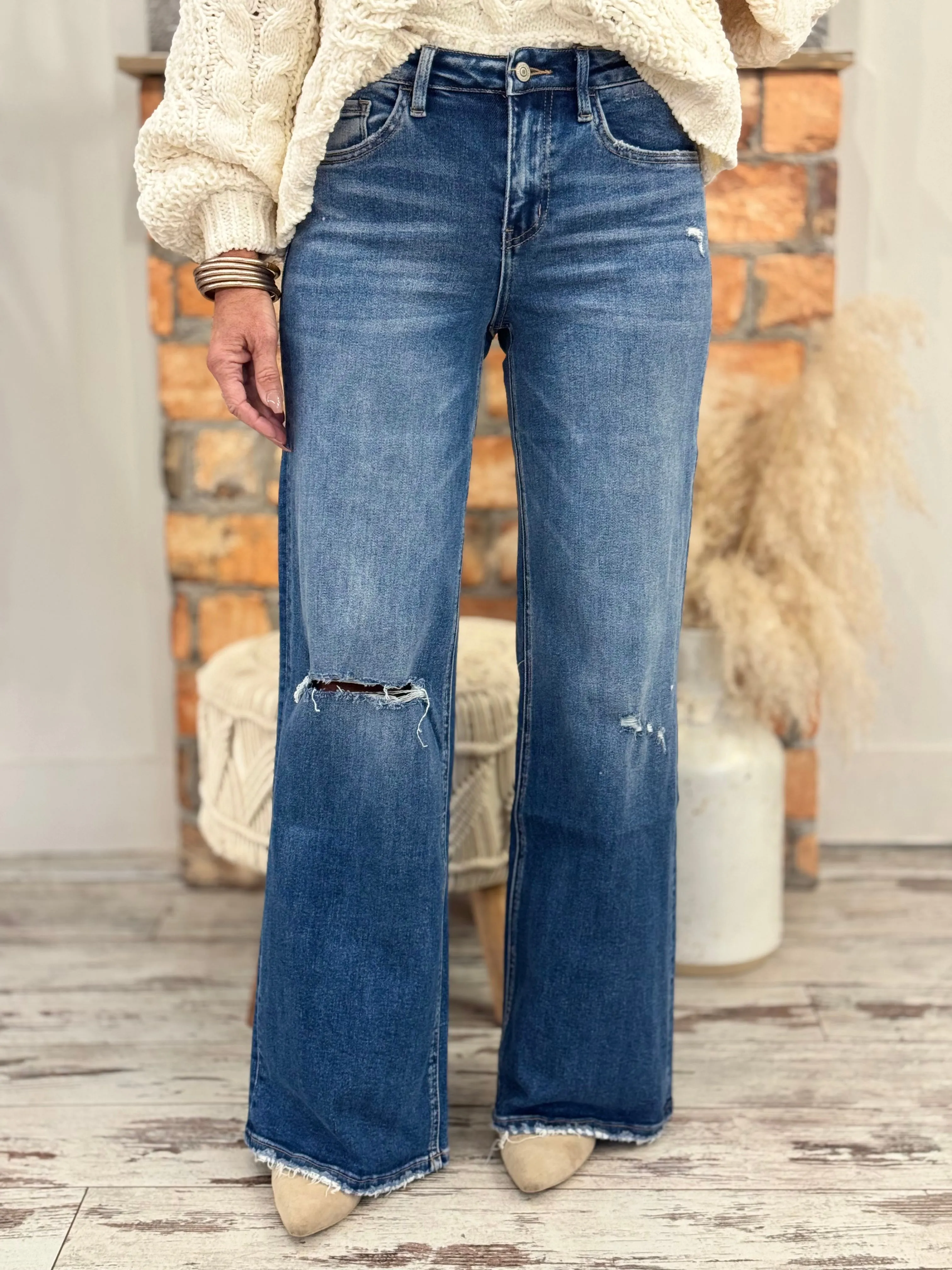 Distressed High Rise Wide Leg Jeans